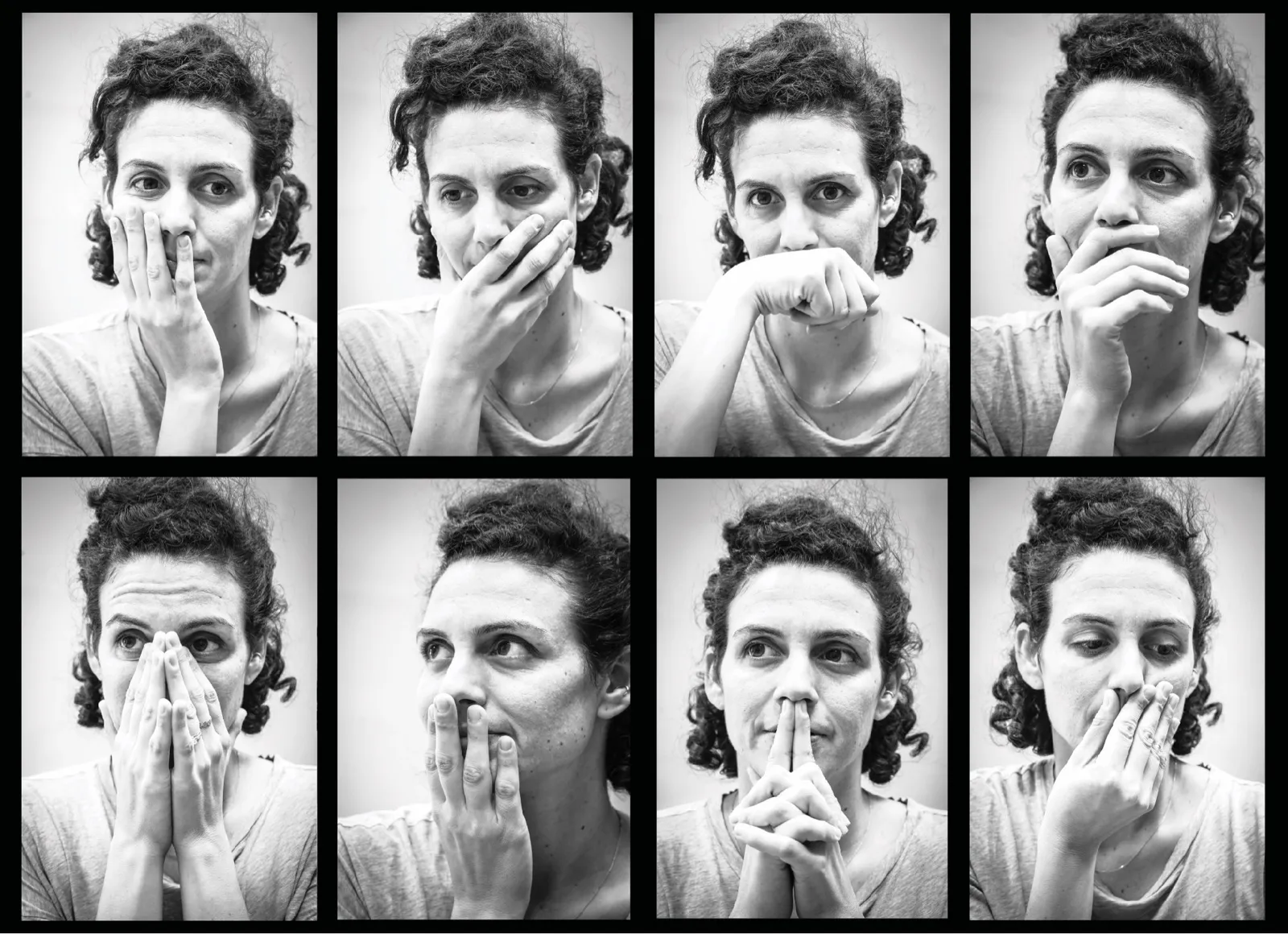 Eight black-and-white frames of a woman bringing her hand to her face and nose
